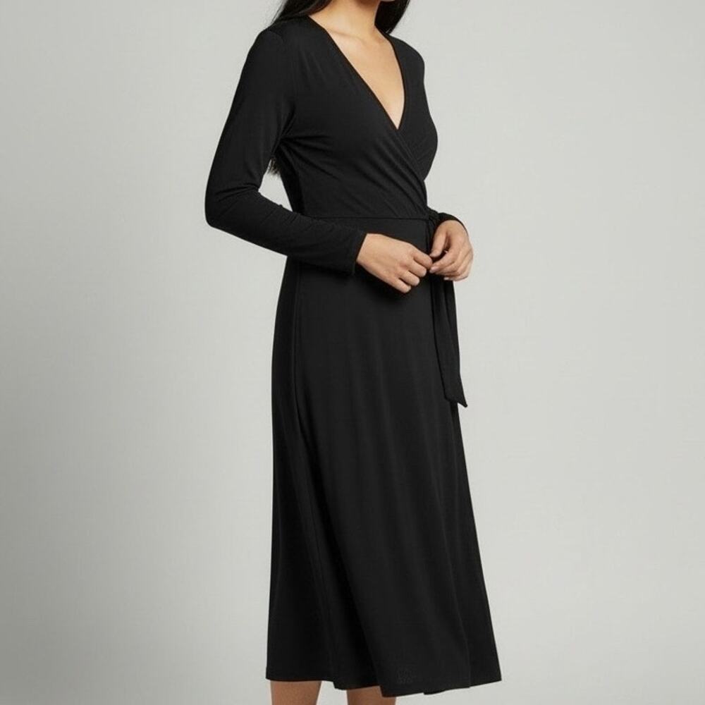 Black Label by Evan Picone Faux Wrap Dress Size 10 Black Slinky knit 3/4 sleeve